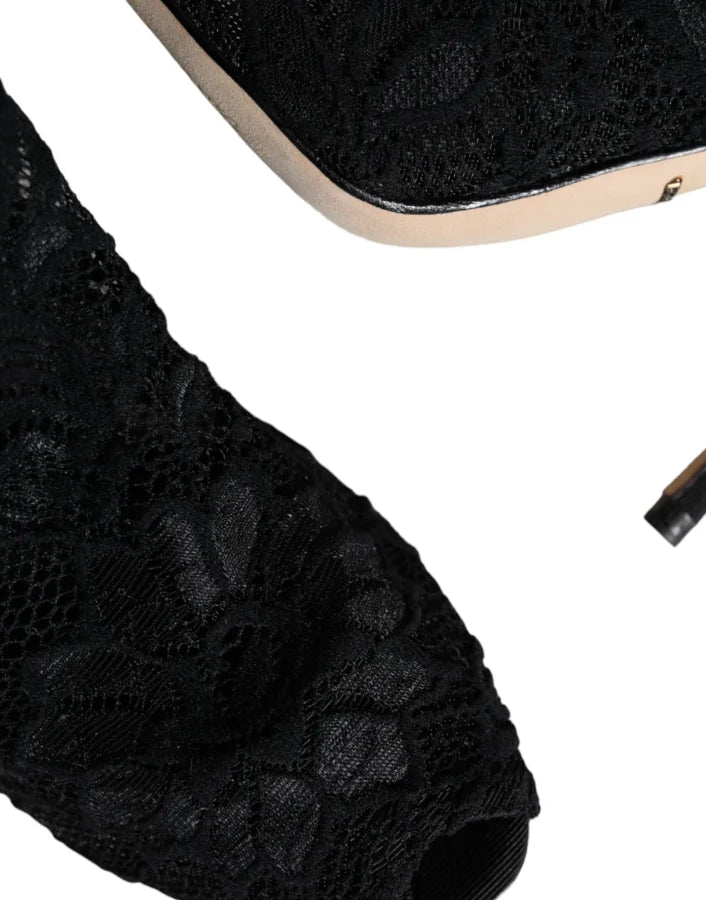 Dolce &amp; Gabbana Black Lace Stretch Heels Mid Calf Boot Shoes