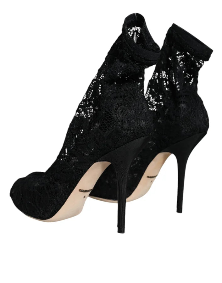 Dolce &amp; Gabbana Black Lace Stretch Heels Mid Calf Boot Shoes