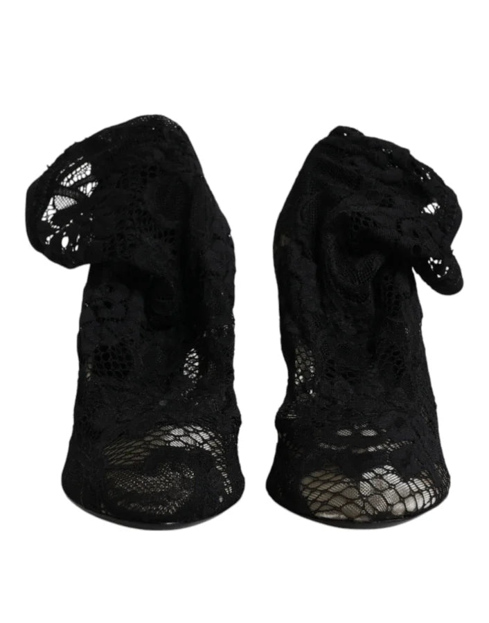 Dolce &amp; Gabbana Black Lace Stretch Heels Mid Calf Boots Shoes