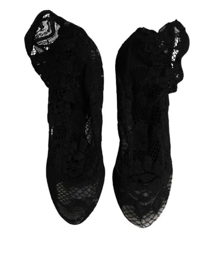 Dolce &amp; Gabbana Black Lace Stretch Heels Mid Calf Boots Shoes