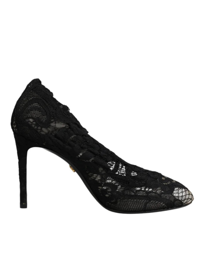 Dolce &amp; Gabbana Black Lace Stretch Heels Mid Calf Boots Shoes