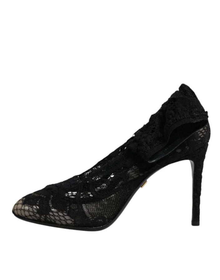 Dolce &amp; Gabbana Black Lace Stretch Heels Mid Calf Boots Shoes