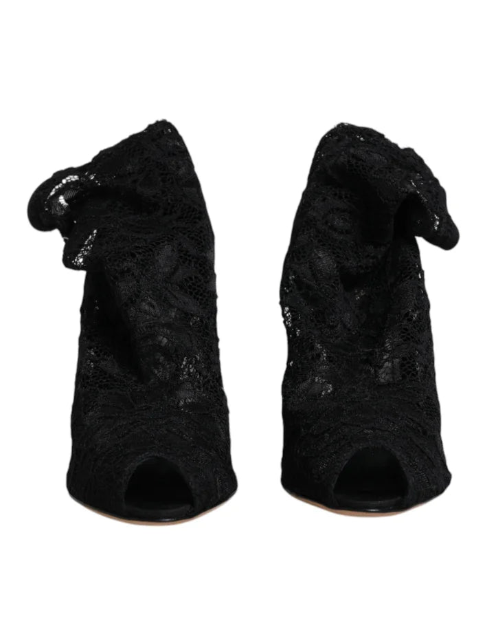 Dolce &amp; Gabbana Black Lace Stretch Heels Mid Calf Boots Shoes