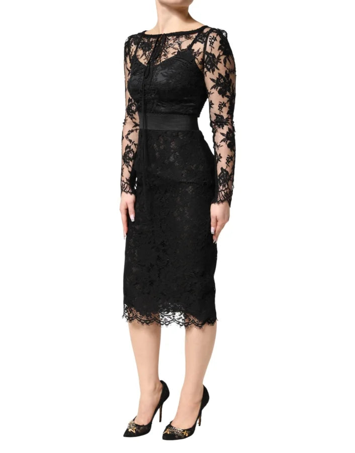 Dolce &amp; Gabbana Black Lace Trim Cotton Sheath Midi Dress