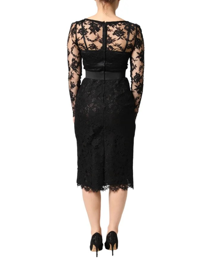 Dolce &amp; Gabbana Black Lace Trim Cotton Sheath Midi Dress