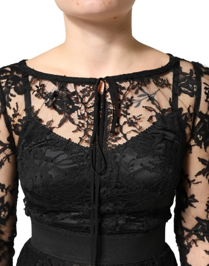Dolce &amp; Gabbana Black Lace Trim Cotton Sheath Midi Dress