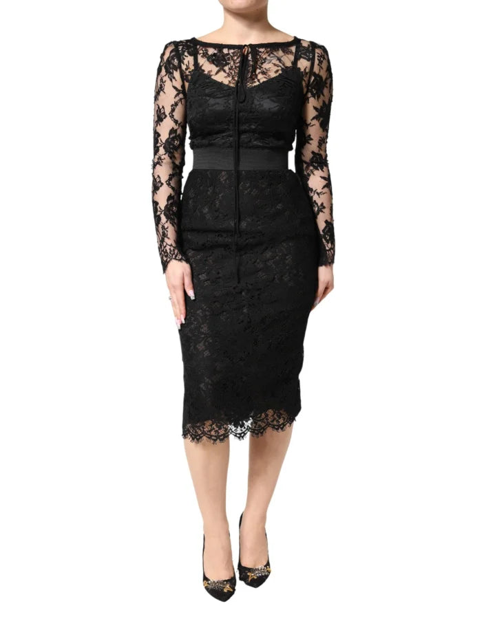Dolce &amp; Gabbana Black Lace Trim Cotton Sheath Midi Dress