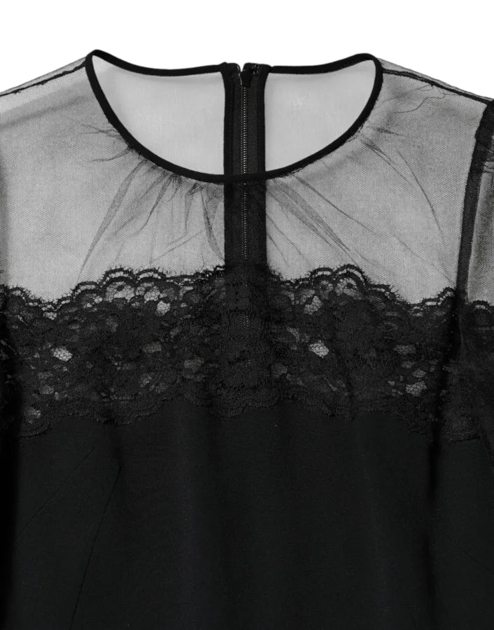 Dolce &amp; Gabbana Black Lace Trim Nylon Tulle SheathMidi Dress