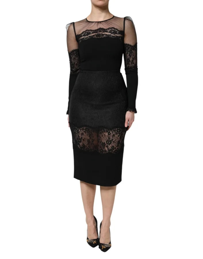 Dolce &amp; Gabbana Black Lace Trim Nylon Tulle SheathMidi Dress