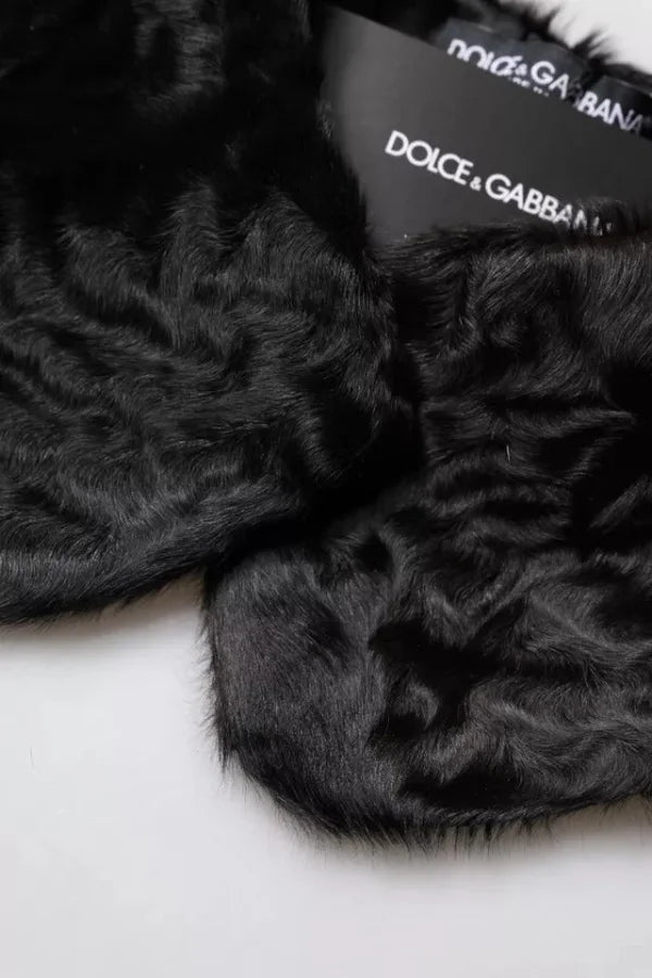 Dolce &amp; Gabbana Black Lamb Fur Collar Women Neck Wrap Scarf