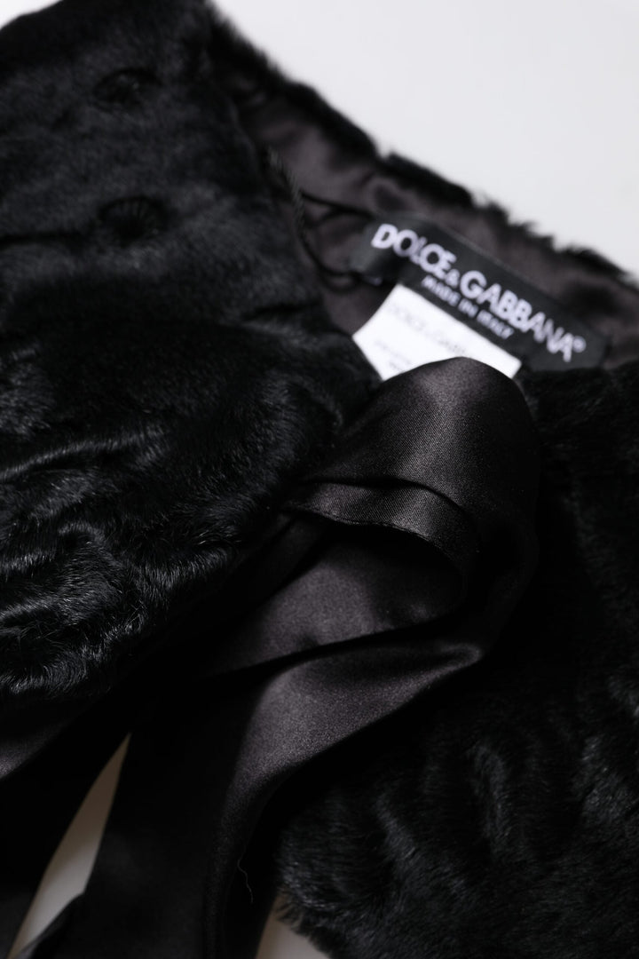 Dolce &amp; Gabbana Black Lamb Fur Women Neck Warmer Winter Scarf