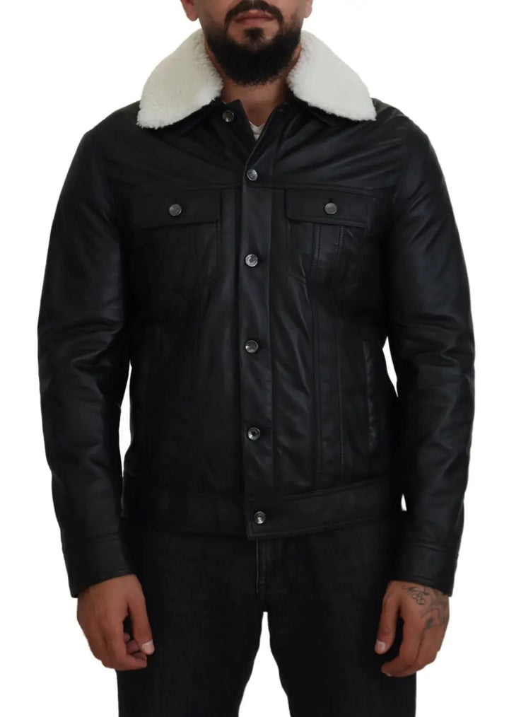 Dolce &amp; Gabbana Black Lamb Leather Collared Men Coat Jacket