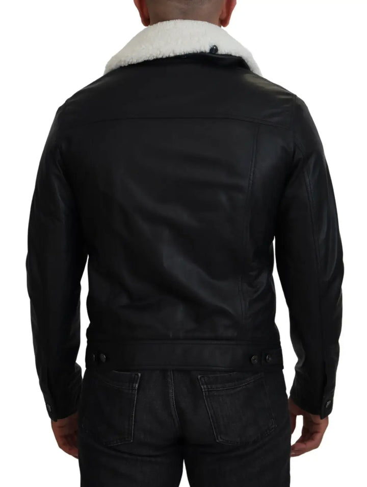Dolce &amp; Gabbana Black Lamb Leather Collared Men Coat Jacket