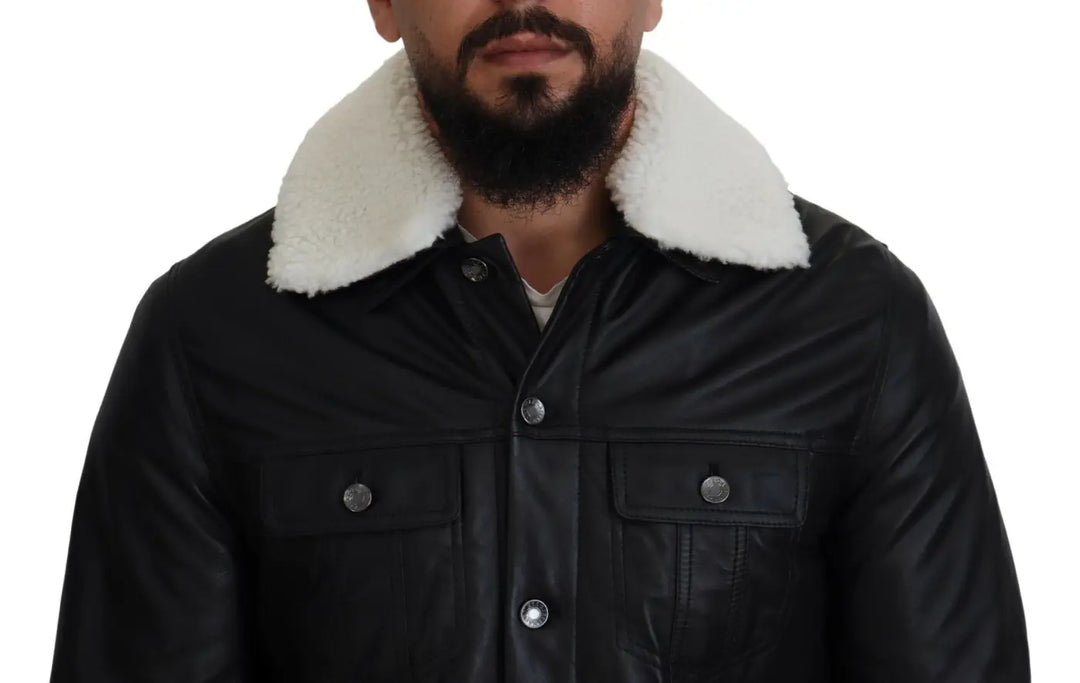 Dolce &amp; Gabbana Black Lamb Leather Collared Men Coat Jacket