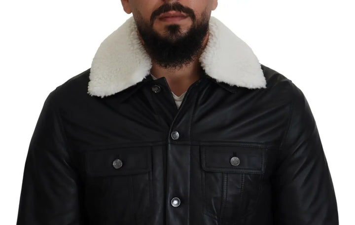 Dolce &amp; Gabbana Black Lamb Leather Collared Men Coat Jacket