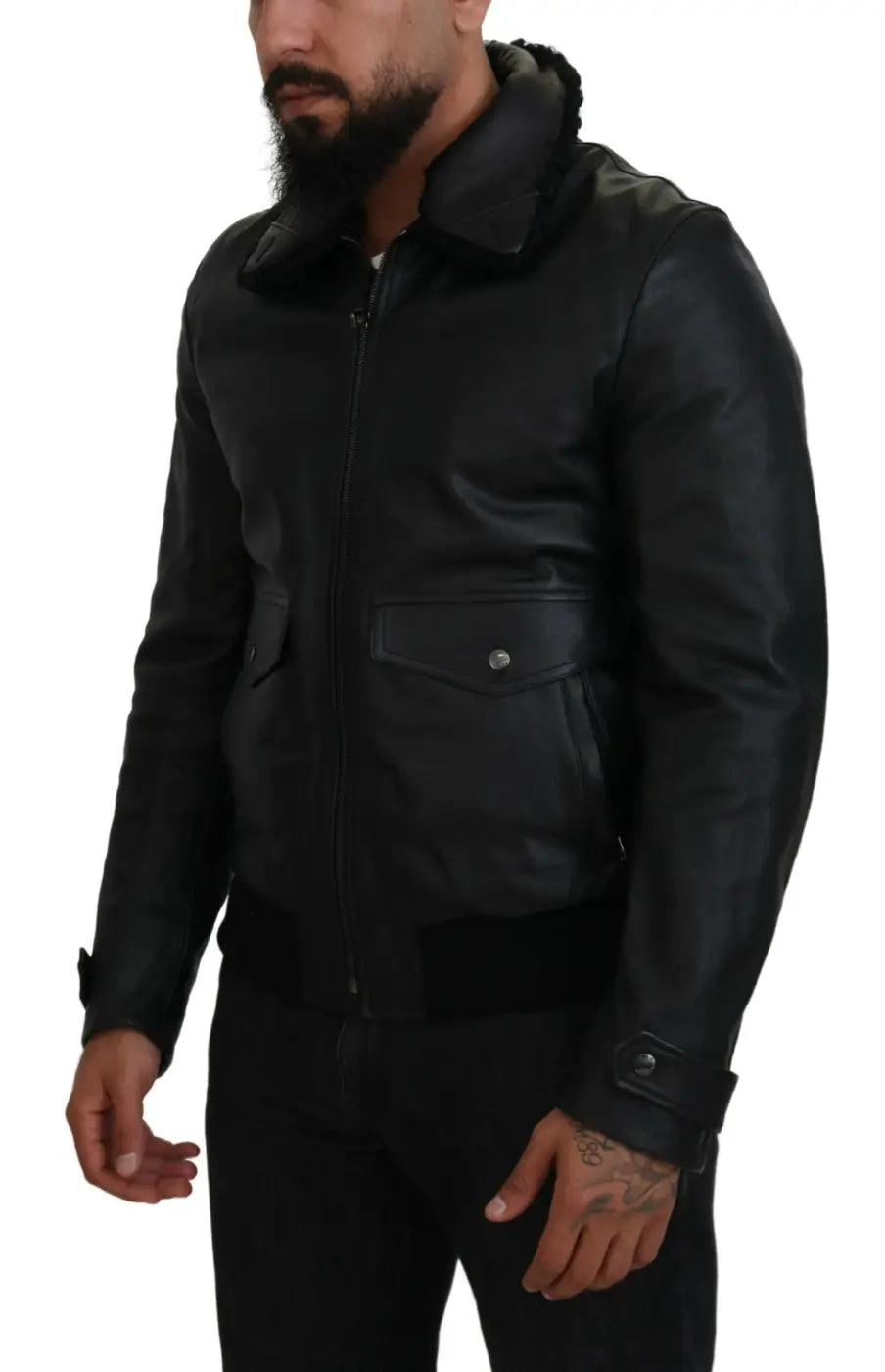 Dolce &amp; Gabbana Black Lamb Leather Collared Men Coat Jacket
