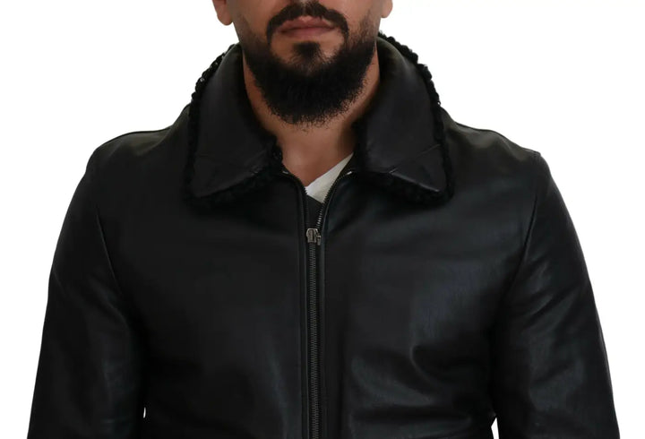 Dolce &amp; Gabbana Black Lamb Leather Collared Men Coat Jacket