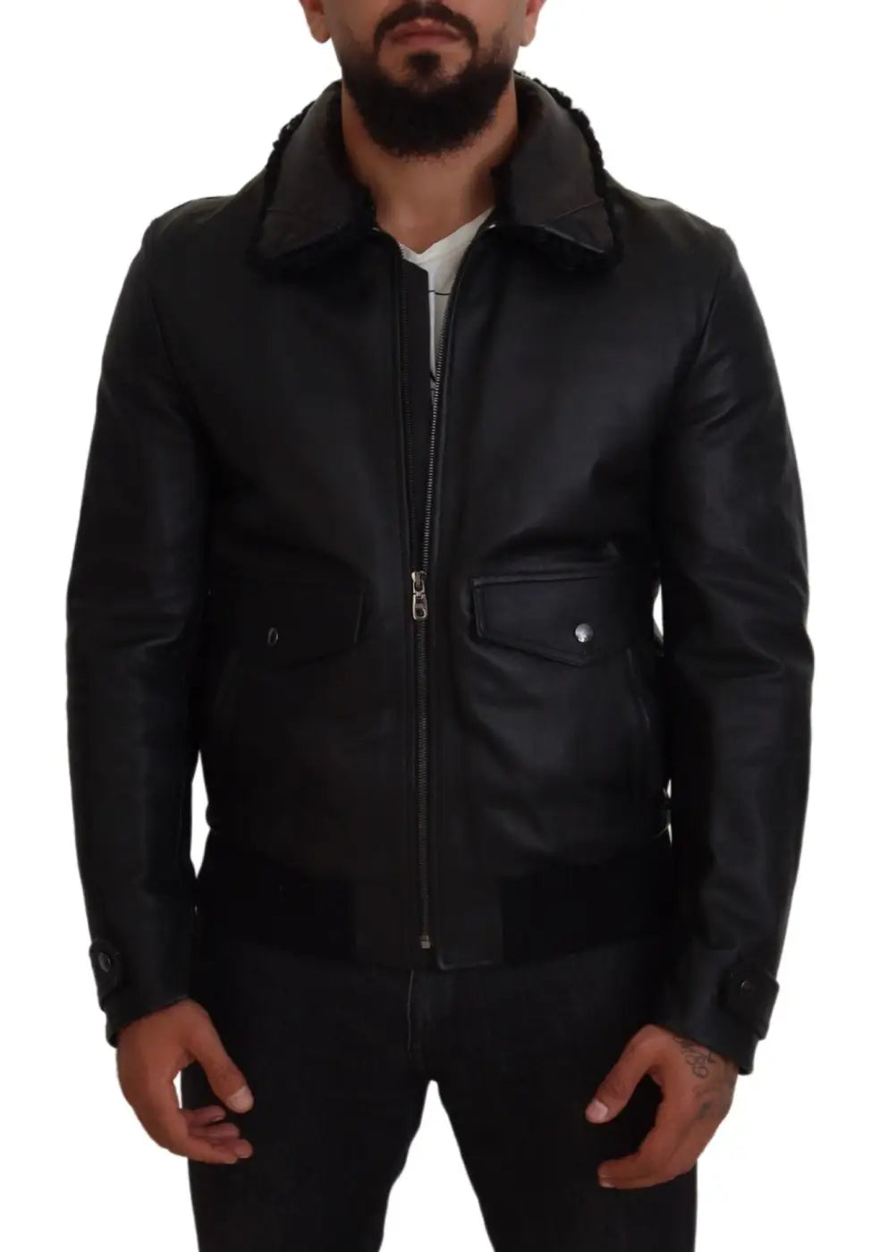 Dolce &amp; Gabbana Black Lamb Leather Collared Men Coat Jacket
