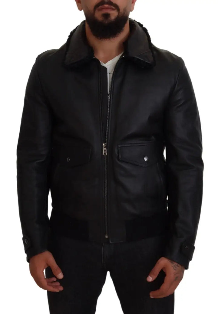 Dolce &amp; Gabbana Black Lamb Leather Collared Men Coat Jacket