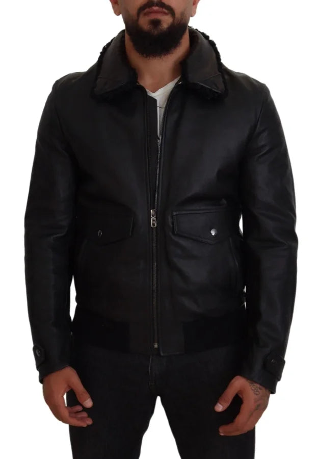 Dolce & Gabbana Black Lamb Leather Collared Men Coat Jacket