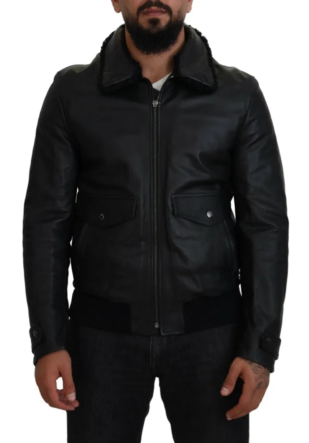 Dolce & Gabbana Black Lamb Leather Collared Men Coat Jacket