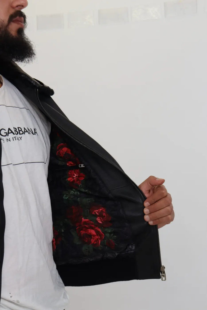 Dolce &amp; Gabbana Black Lamb Leather Collared Men Coat Jacket