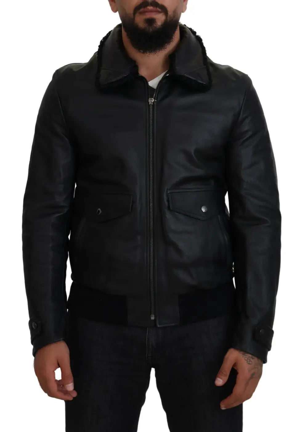 Dolce &amp; Gabbana Black Lamb Leather Collared Men Coat Jacket