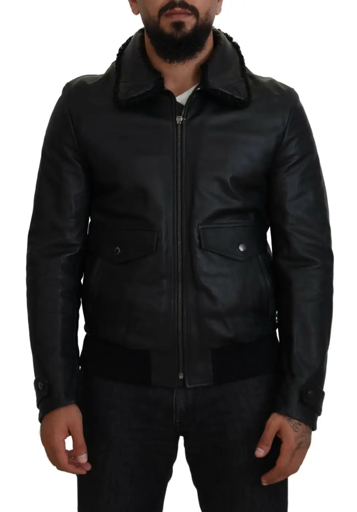 Dolce &amp; Gabbana Black Lamb Leather Collared Men Coat Jacket