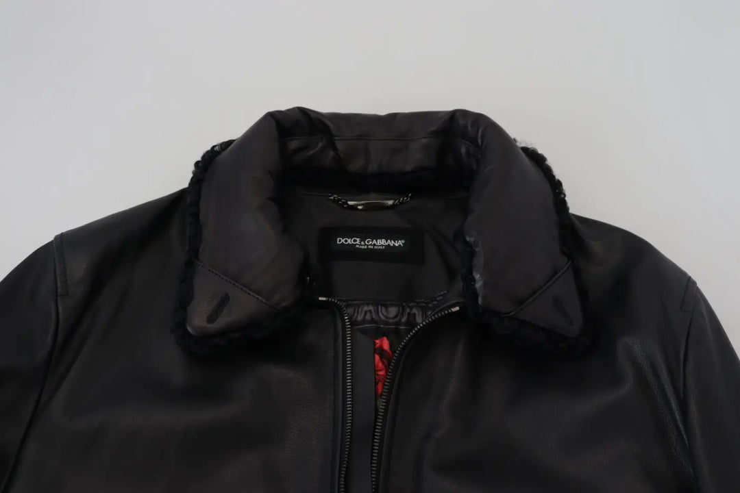 Dolce &amp; Gabbana Black Lamb Leather Collared Men Coat Jacket