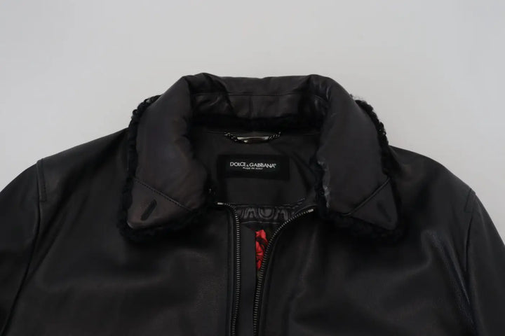 Dolce &amp; Gabbana Black Lamb Leather Collared Men Coat Jacket
