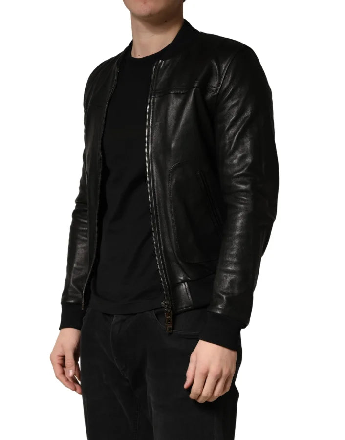 Dolce & Gabbana Black Lamb Leather Full Zip Biker Jacket