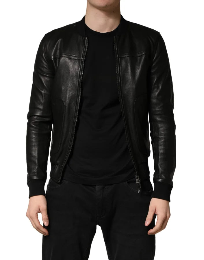 Dolce & Gabbana Black Lamb Leather Full Zip Biker Jacket