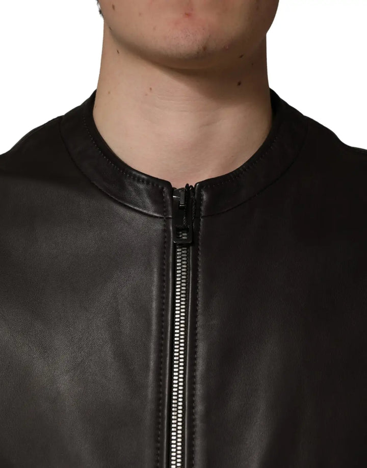 Dolce &amp; Gabbana Black LambskinLeather Full Zip Biker Jacket