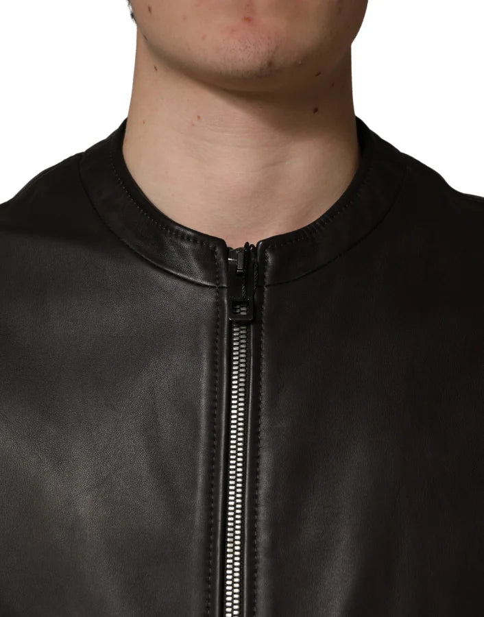Dolce & Gabbana Black LambskinLeather Full Zip Biker Jacket