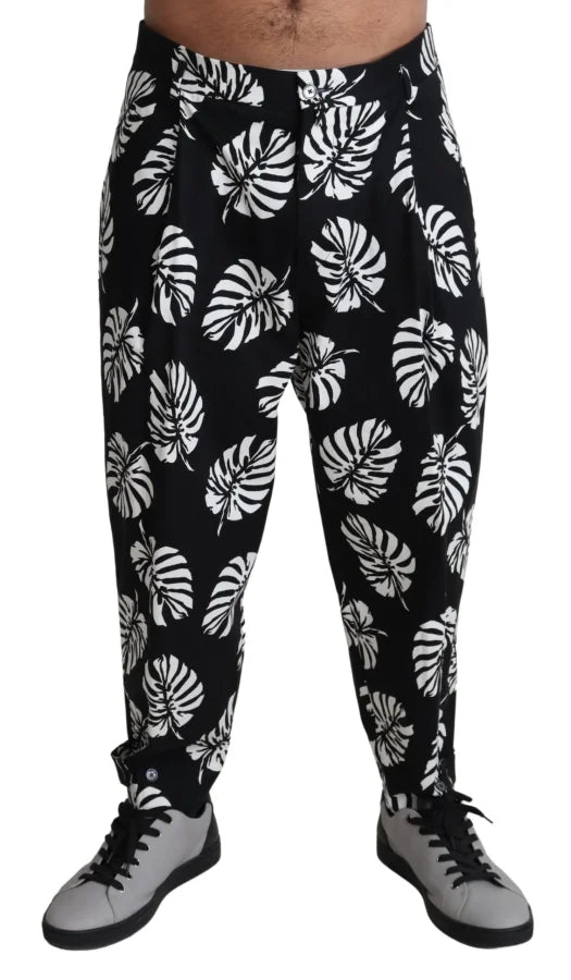 Dolce & Gabbana Black Leaf Cotton Stretch Trouser Pants