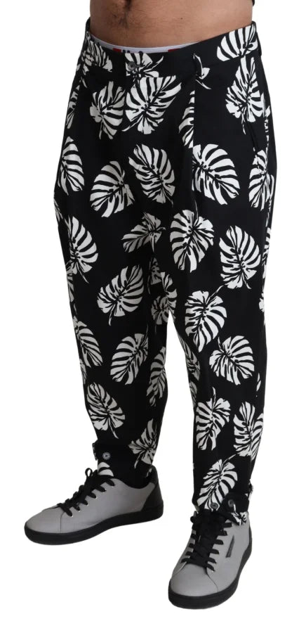 Dolce & Gabbana Black Leaf Cotton Stretch Trouser Pants