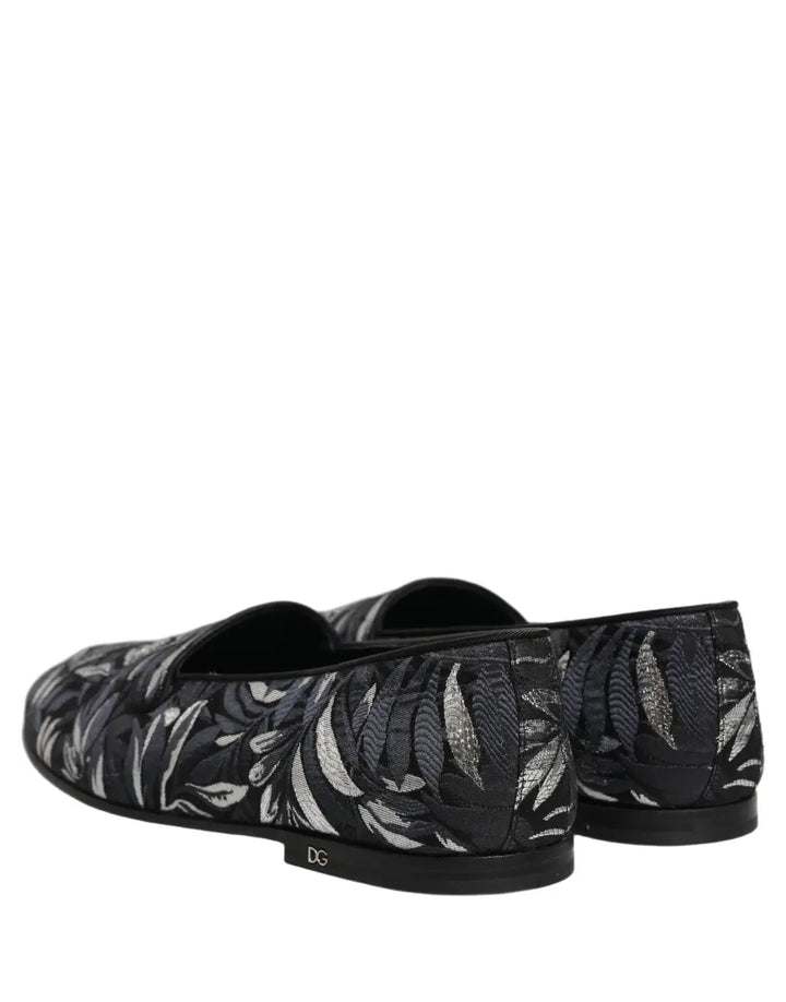 Dolce &amp; Gabbana Black Leaf Embroidery Dress Men Loafers Shoes