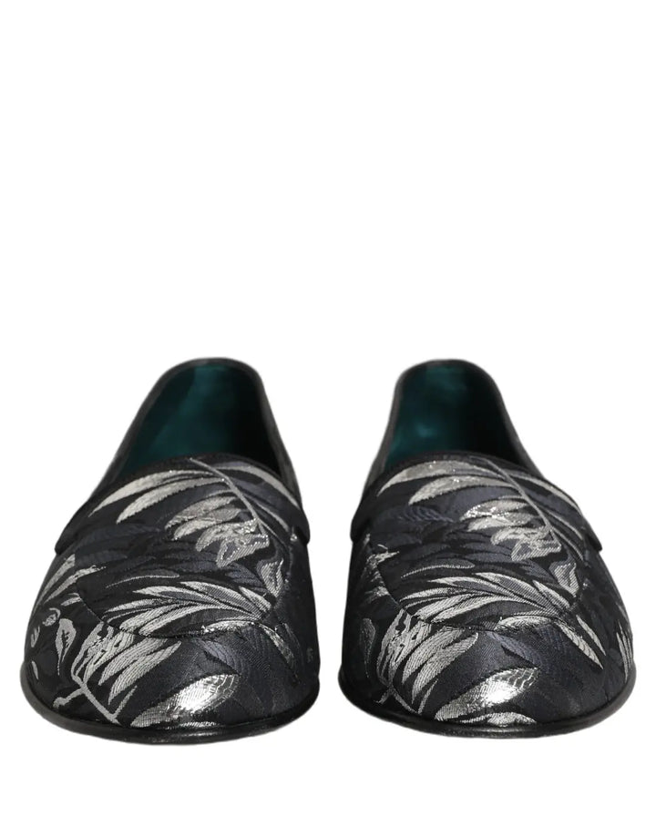 Dolce &amp; Gabbana Black Leaf Embroidery Dress Men Loafers Shoes