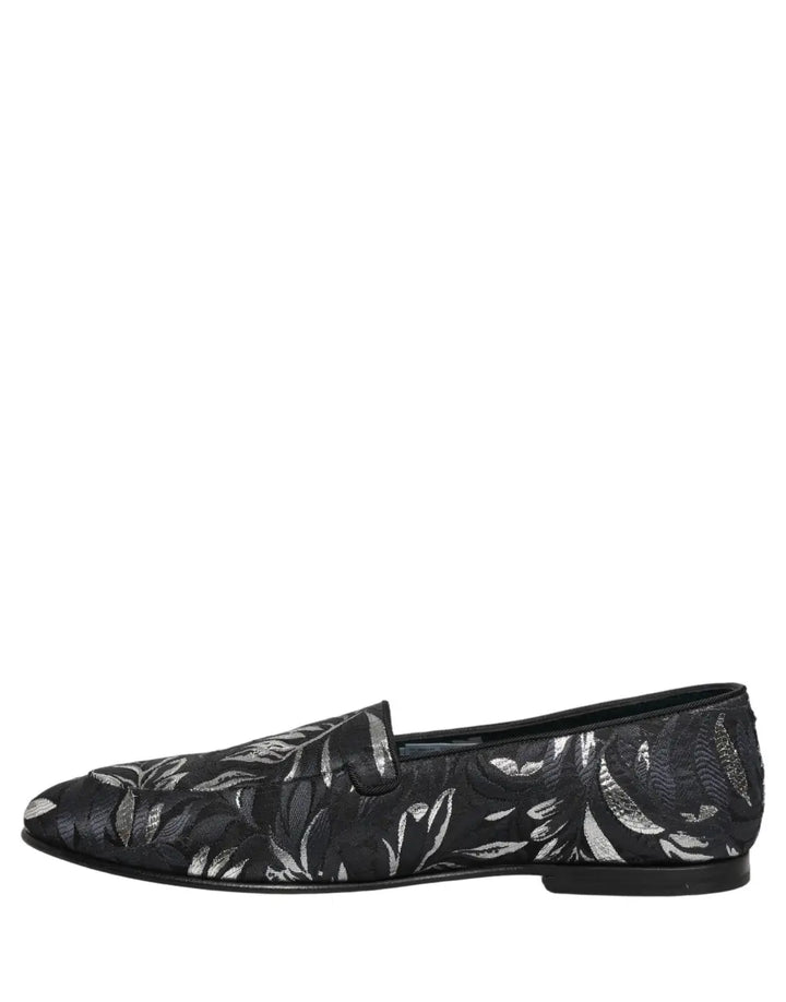 Dolce &amp; Gabbana Black Leaf Embroidery Dress Men Loafers Shoes