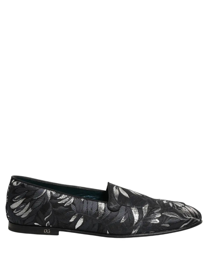 Dolce &amp; Gabbana Black Leaf Embroidery Dress Men Loafers Shoes