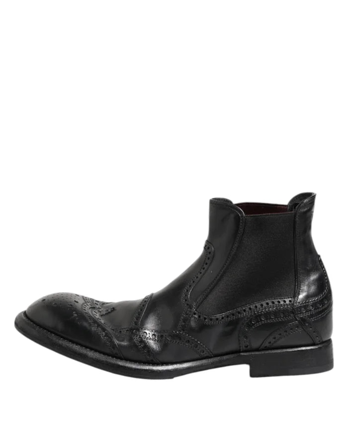 Dolce &amp; Gabbana Black Leather Ankle Boots Slip On Shoes