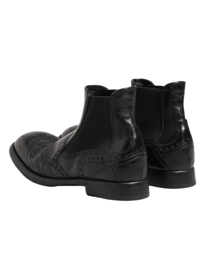 Dolce &amp; Gabbana Black Leather Ankle Boots Slip On Shoes