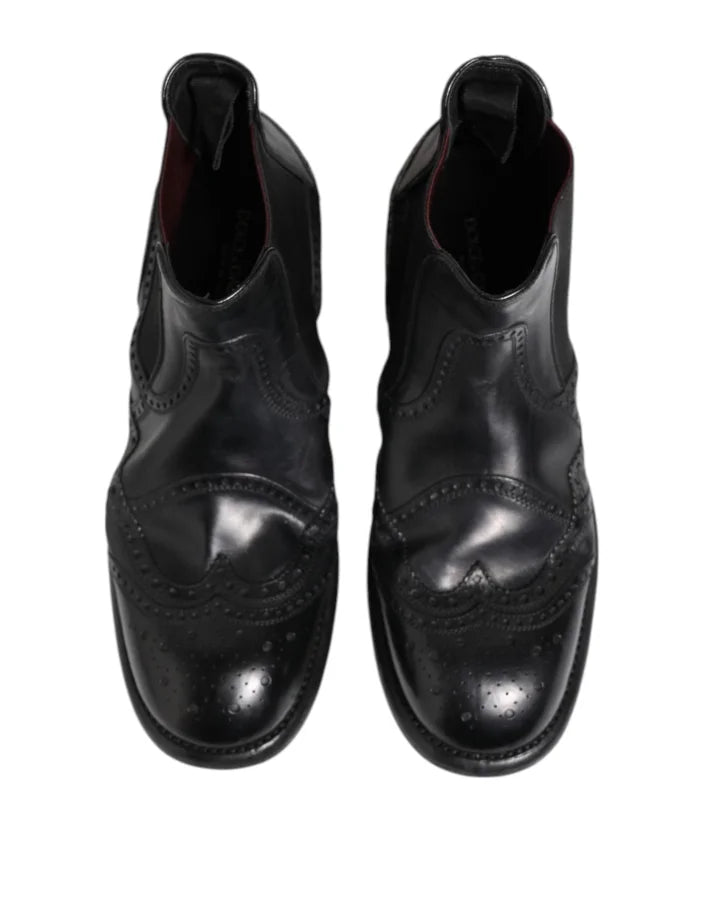 Dolce &amp; Gabbana Black Leather Ankle Boots Slip On Shoes