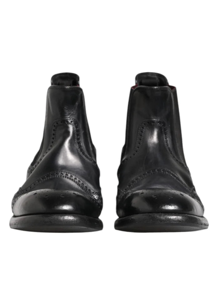 Dolce &amp; Gabbana Black Leather Ankle Boots Slip On Shoes