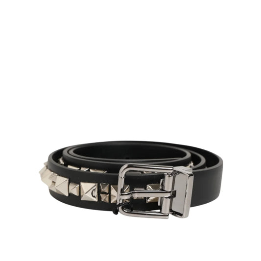Dolce & Gabbana Black Leather Belt with Silver Tone Studded Buckle