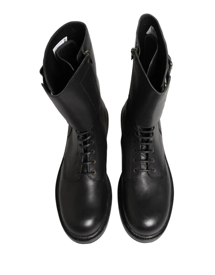 Dolce &amp; Gabbana Black Leather Belted Buckle Combat Boots Shoes