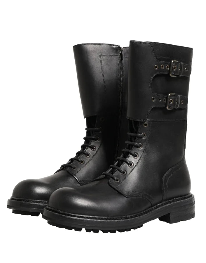 Dolce &amp; Gabbana Black Leather Belted Buckle Combat Boots Shoes