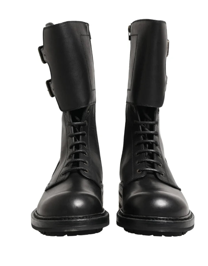 Dolce &amp; Gabbana Black Leather Belted Buckle Combat Boots Shoes