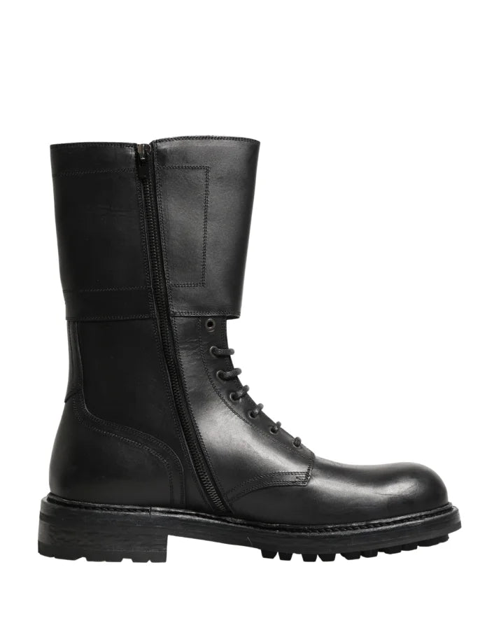 Dolce &amp; Gabbana Black Leather Belted Buckle Combat Boots Shoes