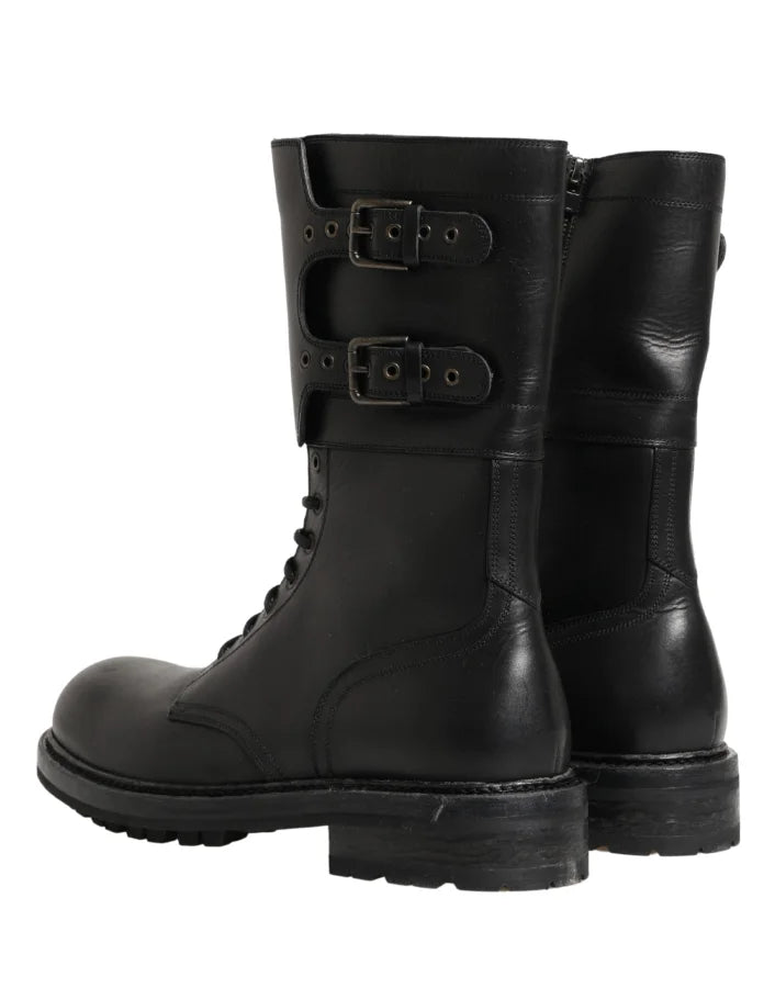 Dolce &amp; Gabbana Black Leather Belted Buckle Combat Boots Shoes